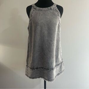 Doe & Rae Acid Wash Gray Fringe Raw Frayed Hem Women's Tunic Tank Shirt Blouse